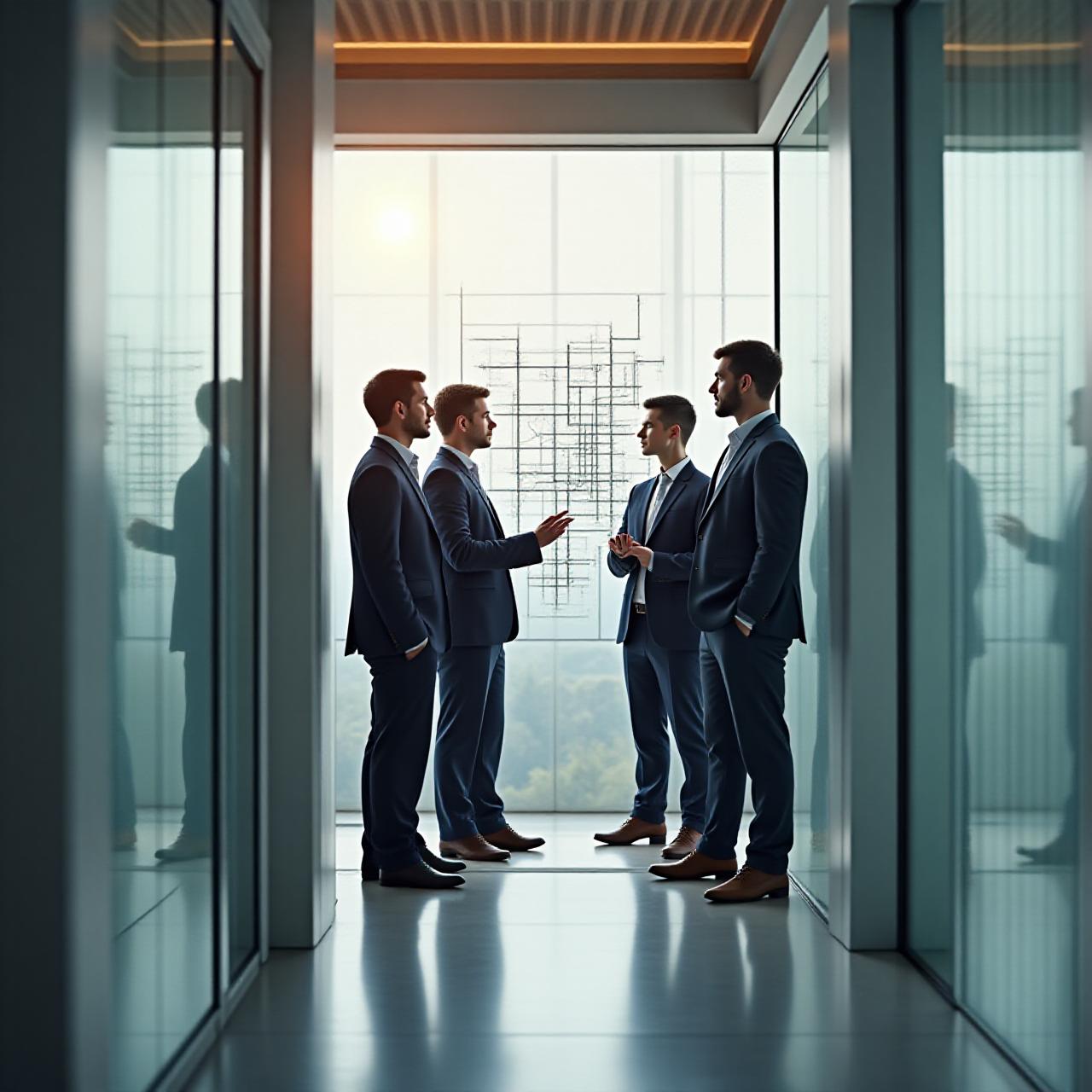 Architectural consulting team working on high-level system diagrams